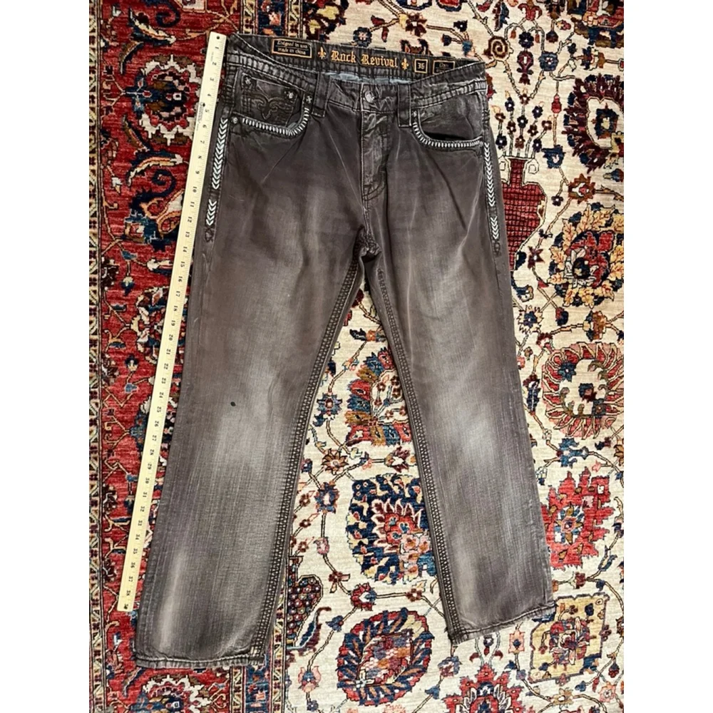 Rock Revival Dan Straight Men’s Jeans Size 36 Brown Distressed Contrast Stitchin